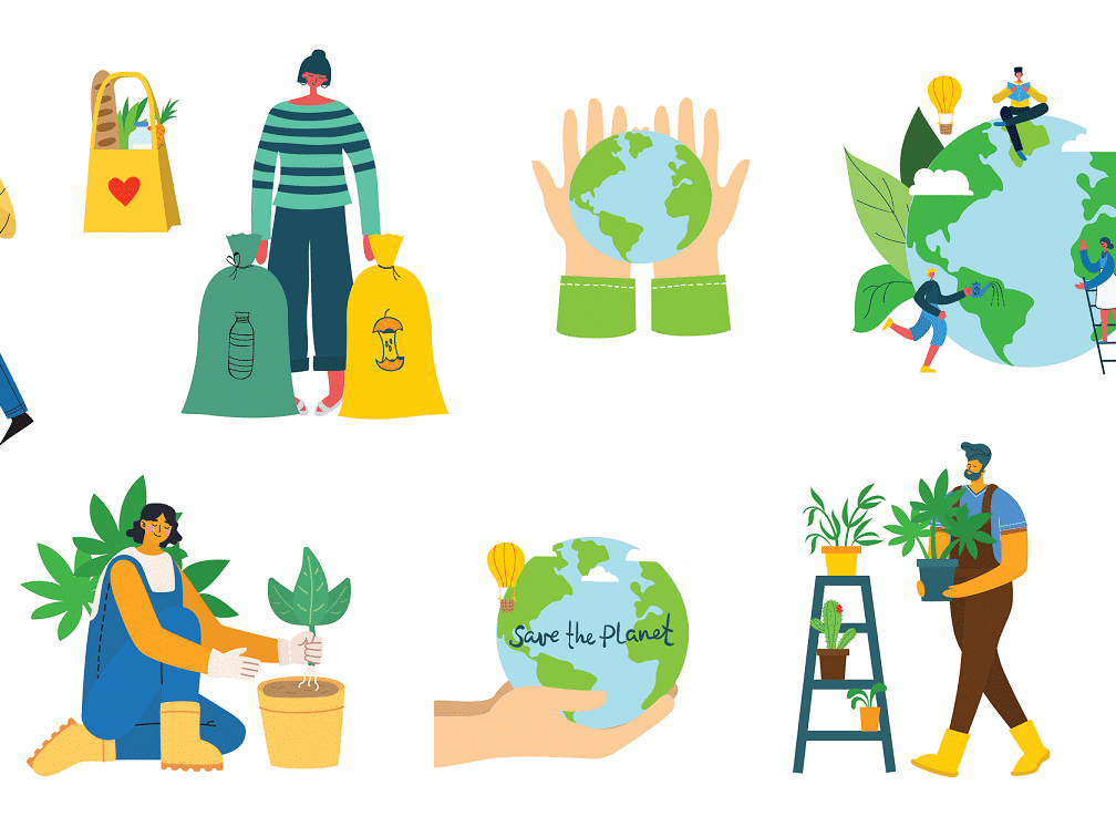 Fumagalli Danilo Ingrosso Ortofrutta Illustrazioni di persone impegnate nel giardinaggio, nel riciclaggio, con in mano mappamondi e piante, e che promuovono la sostenibilit&agrave; ambientale attraverso varie azioni e simboli eco-compatibili, sottolineando inoltre l'importanza della vendita all'ingrosso di frutta e verdura nel sostenere comunit&agrave; pi&ugrave; ecologiche. Ristorazione Professionale - GDO - retail - privati