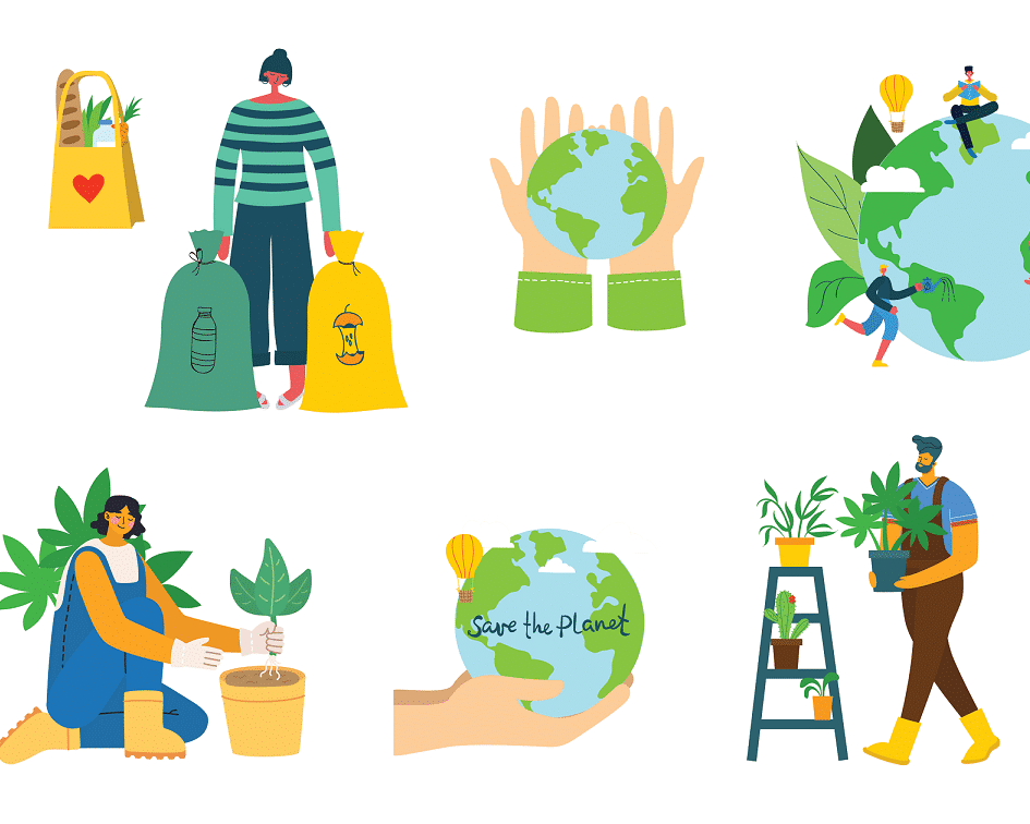 Fumagalli Danilo Ingrosso Ortofrutta Illustrazioni di persone impegnate nel giardinaggio, nel riciclaggio, con piante in mano e in interazione con la Terra, che promuovono messaggi di tutela ambientale e sostenibilità: ideali per attività commerciali come “grossista ortofrutta” o “ingrosso frutta e verdura”, ad esempio Fumagalli Danilo Besana in Brianza. Ristorazione Professionale - GDO - retail - privati