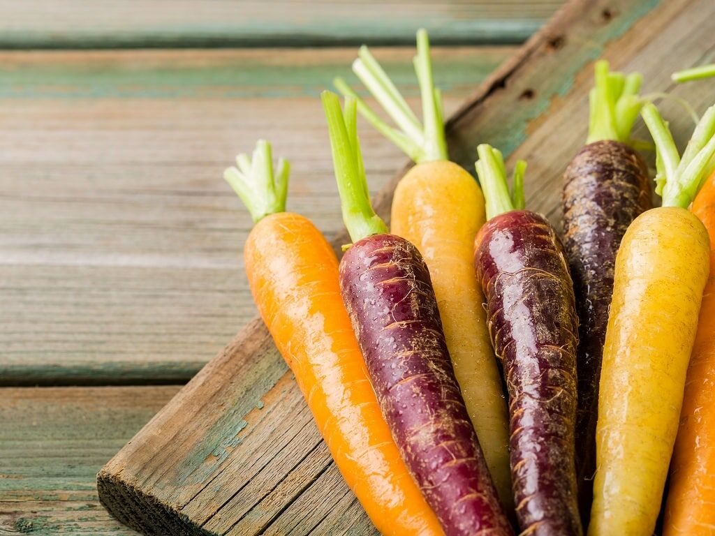 Fumagalli Danilo Ingrosso Ortofrutta Un mazzo di carote multicolori con le foglie verdi &egrave; adagiato su una superficie rustica in legno, a mettere in risalto la selezione di prodotti freschi offerta da Fumagalli Danilo Besana in Brianza, specialista nel commercio all&rsquo;ingrosso di frutta e verdura. Ristorazione Professionale - GDO - retail - privati