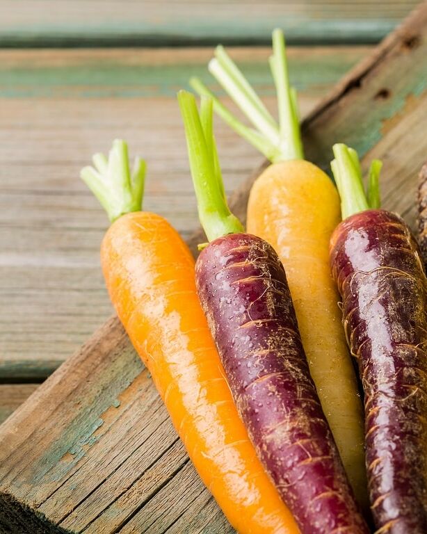 Fumagalli Danilo Ingrosso Ortofrutta Un mazzo di carote multicolori con le foglie verdi è adagiato su una superficie rustica in legno, a mettere in risalto la selezione di prodotti freschi offerta da Fumagalli Danilo Besana in Brianza, specialista nel commercio all’ingrosso di frutta e verdura. Ristorazione Professionale - GDO - retail - privati