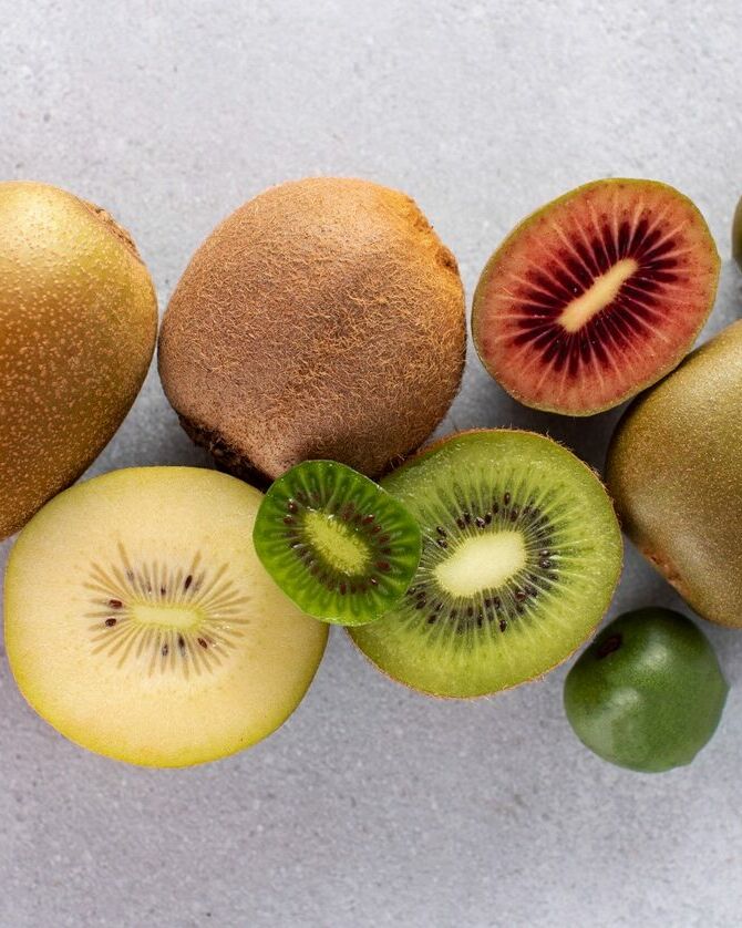 Fumagalli Danilo Ingrosso Ortofrutta Cinque kiwi, interi e a fette, di diverse varietà, con la polpa verde, gialla e rossa, sono disposti con gusto su una superficie grigio chiaro, mettendo in risalto la selezione di alta qualità offerta da Fumagalli Danilo Besana in Brianza, un affidabile grossista ortofrutticolo. Ristorazione Professionale - GDO - retail - privati