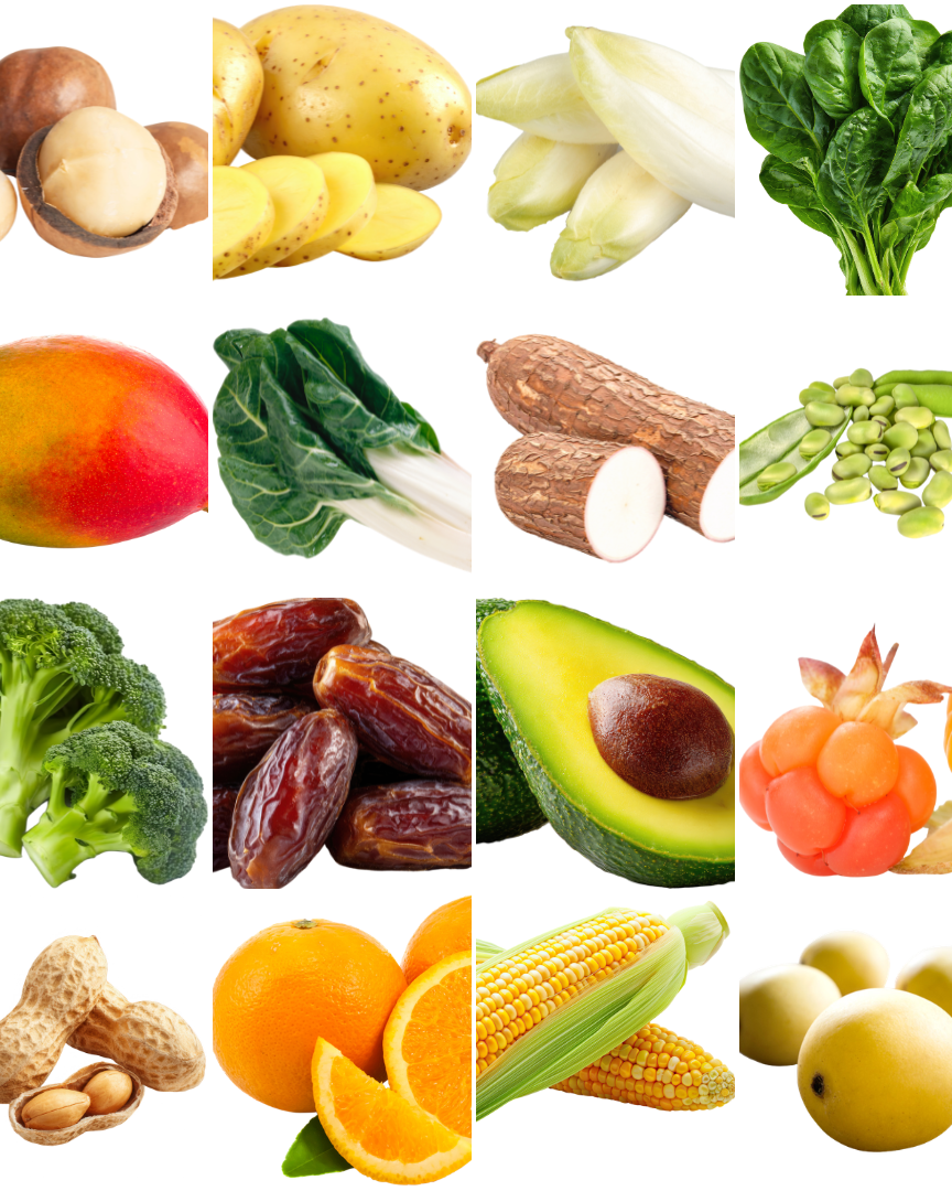 Fumagalli Danilo Ingrosso Ortofrutta Una griglia di vari tipi di frutta, verdura, legumi e frutta secca disposti su uno sfondo bianco — tra cui fichi, fagioli, patate, spinaci, mango, manioca, broccoli e altro ancora — offre spunti di ispirazione per orotofrutta ristorazione. Proveniente da Fumagalli Danilo Besana in Brianza, questa selezione mette in risalto la qualità e la varietà offerte da un grossista leader nel settore ortofrutticolo. Ristorazione Professionale - GDO - retail - privati